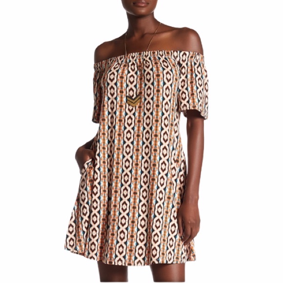 Abound Orange Multicolor Off-the-Shoulder Printed Knit Dress - Picture 1 of 4